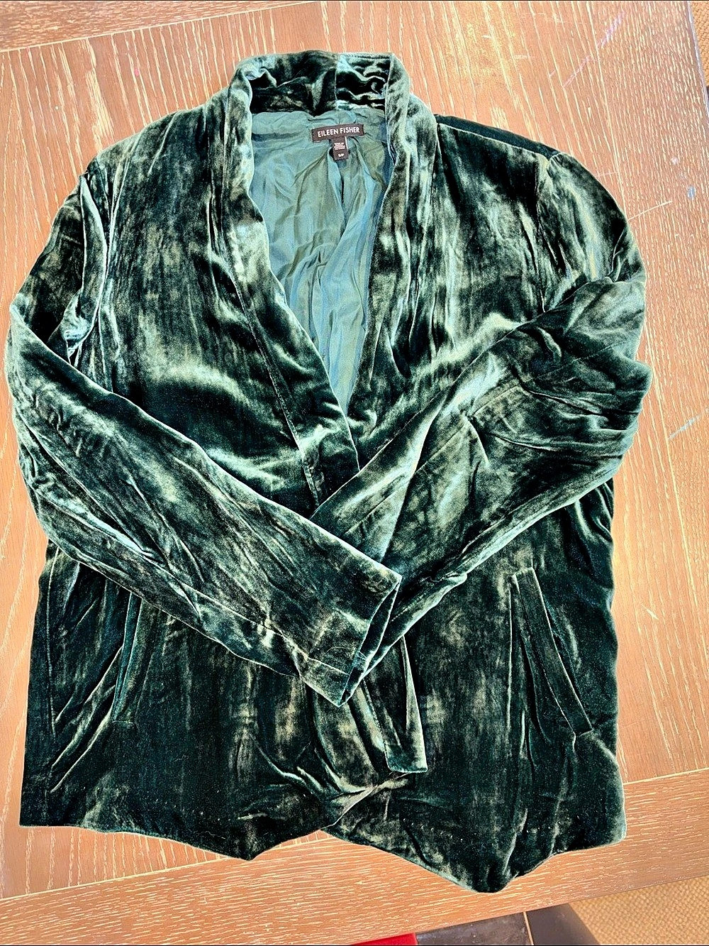 Eileen Fisher Silk Blend Velvet Open Front Jacket, Green, Small